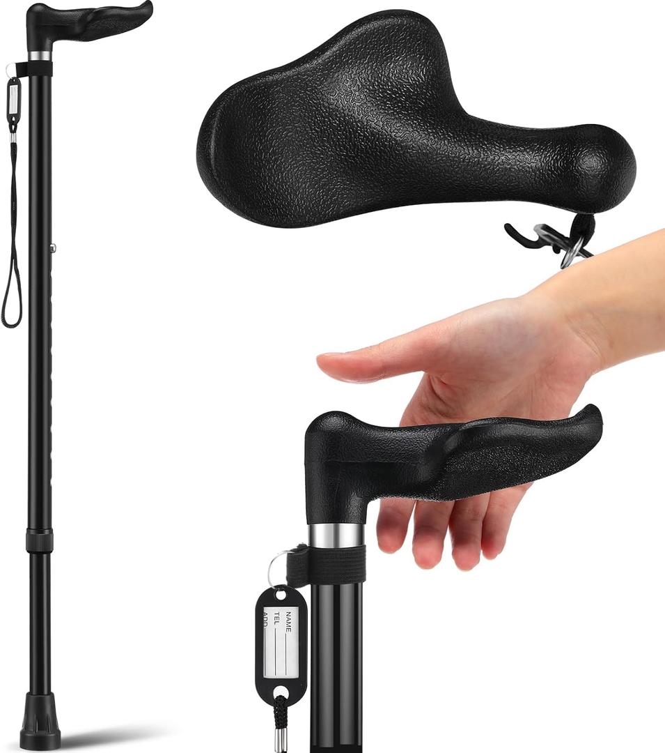 Geiserailie Orthopedic Walking Offset Cane with ID Tag Fit Individual's Palm Naturally Lightweight Adjustable Cane for Arthritis Carpal Tunnel Syndrome Mobility Aids, Black