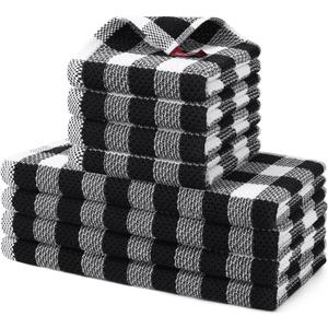 homing Buffalo Plaid Kitchen Towels and Dishcloths Set, 12" x 12" and 13" x 28", Set of 8 Bulk Cotton Waffle Weave Dish Towels, Super Soft Absorbent Hand Towels for Kitchen, Black & White
