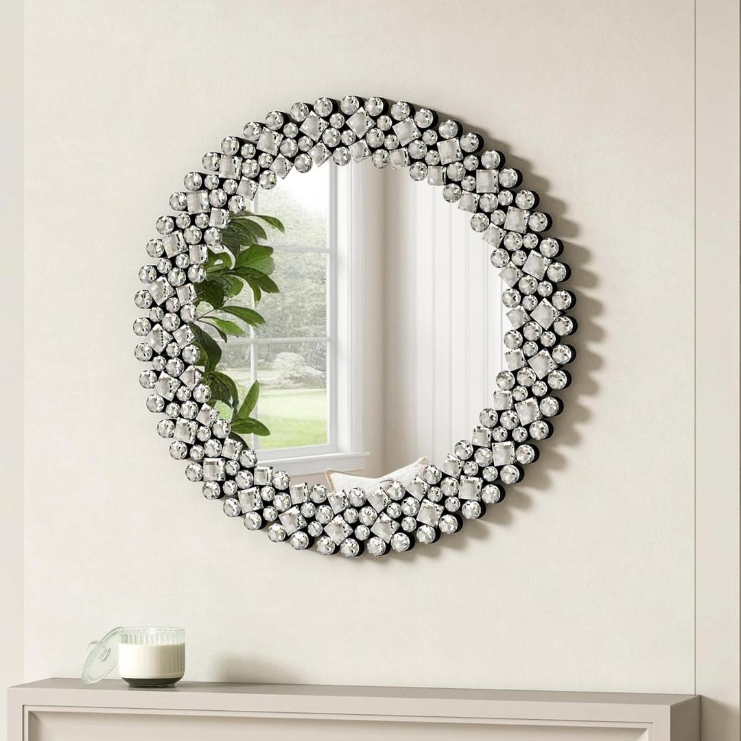 SHYFOY 18" Round Mirrors for Wall Decor Crystal Decorative Mirrors Jeweled Accent Mirror for Living Room Silver Modern Mirror for Entryway Hallway
