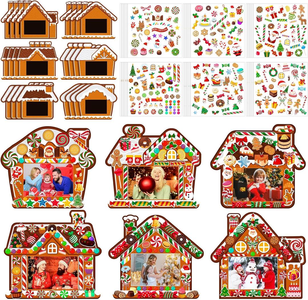 24 Pack Christmas Gingerbread House Bulk DIY Picture Frame Gingerbread House Craft Gift Kit Christmas Photo Frame for Tree Xmas Party Holiday Decorations(Brown)