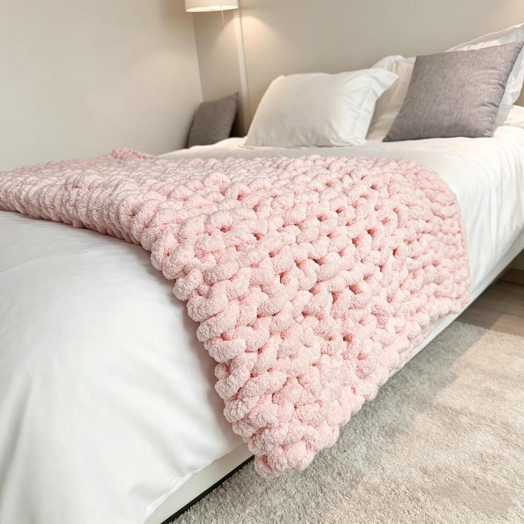 Chunky Knit Blanket Throw 40"×40", Chenille Throw Blankets, Handmade Warm & Cozy Blanket Couch Bed Home Decor, Soft Breathable Fleece Banket, Christmas for Couch Bed Sofa Best Gift (Pink), 40\"x40\"
