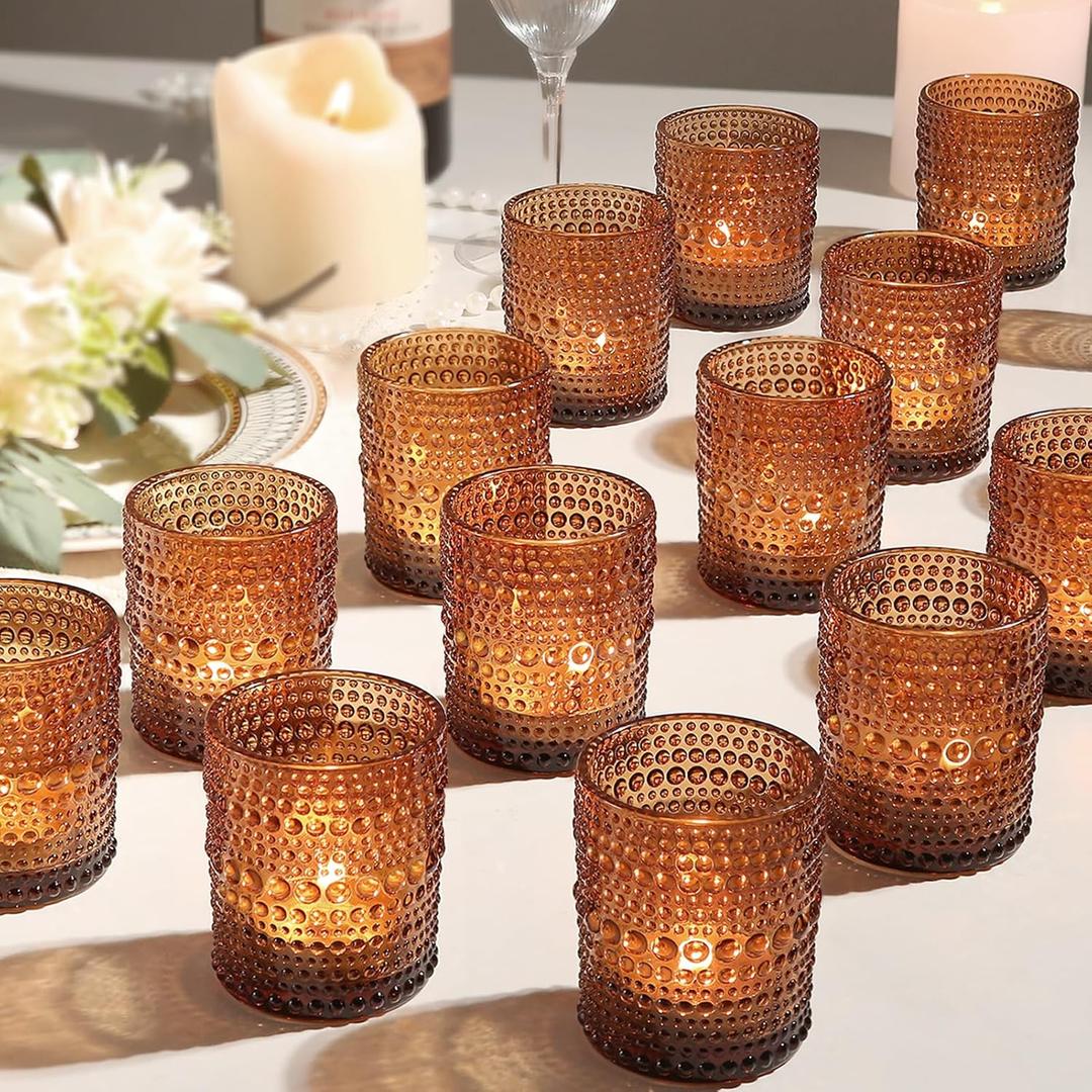 24pcs Amber Votive Candle Holders for Table, 2x2.5in Vintage Glass Small Tea Light Candles Holders for Home Decor, Tealight Candle Holder Decor for Wedding Centerpieces Baby Shower
