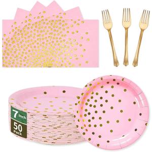 Pink Gold Paper Plates and Napkins Party Supplies- 50 x 7'' Dessert Plates & 50 x 6.5'' Napkins & 50 x 7.3'' Forks, Disposable Paper Tableware Set for Baby Showers, Birthday, Wedding, Anniversary