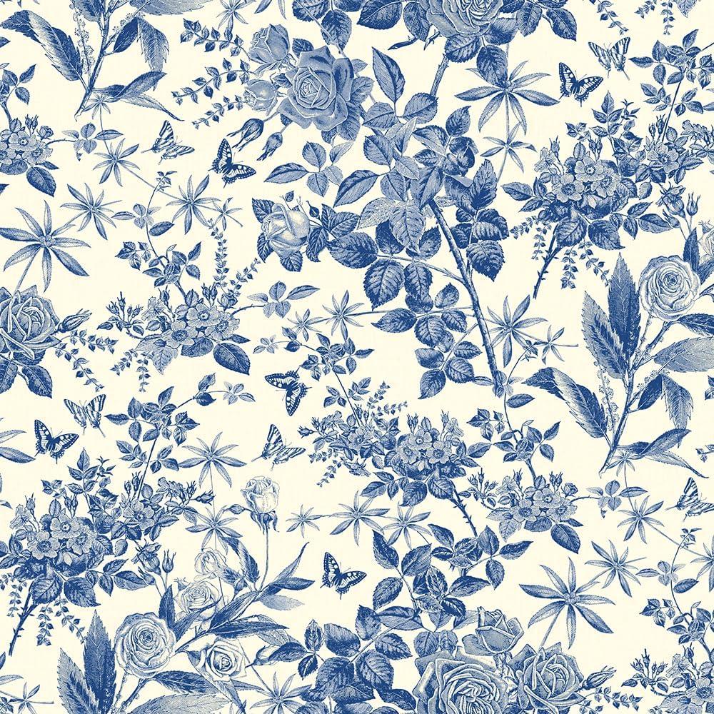 Blue Floral Peel and Stick Wallpaper, Removable Self-Adhesive Waterproof Contact Paper, Vintage Blue Rose and Butterfly Design for Bedroom, Living Room, Cabinets, Drawers, Home Decor, 17.3" x 393.7"