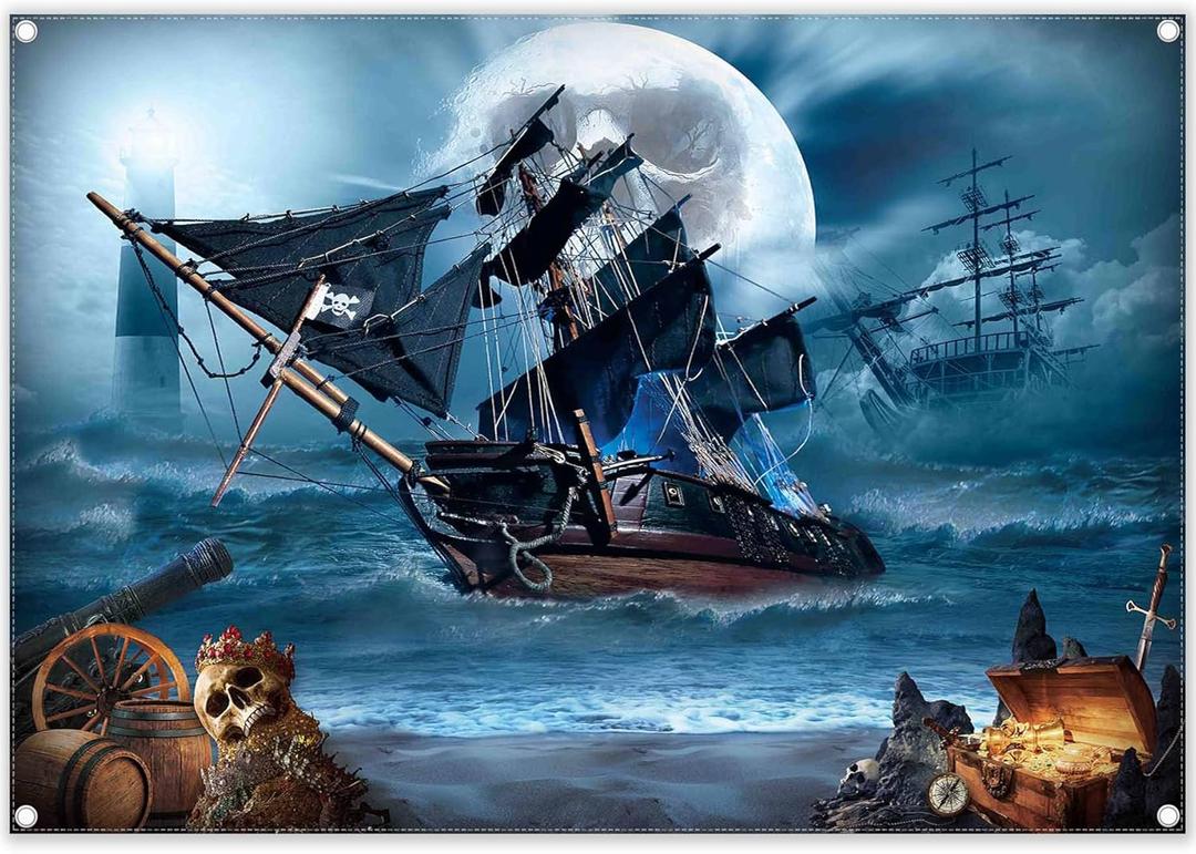 7x5ft Pirate Theme Photography Backdrop Halloween Nautical Adventure Background Seascape Sailing Ship Treasure Party Decorations Horror Photo Props