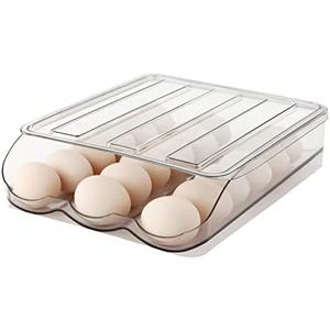 MesRosa Egg Holder for Fridge, Automatically Rolling Egg Storage Container for Refrigerator,Large Capacity Egg Organizer for Fridge with Lid,Clear Plastic Dispenser, Tray & Bin -1 Layer