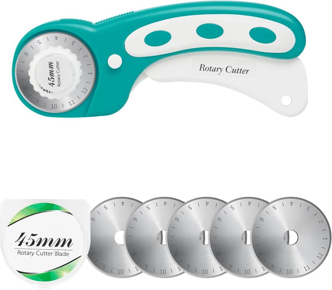 45mm Rotary Cutter with 5pcs Extra Blades, Ergonomic Handle Rolling Cutter with Safety Lock for Fabric, Leather, Crafting, Sewing, Quilting, Fabric Rotary Cutter Perfect for Left & Right Hand (Green) (Turquoise)