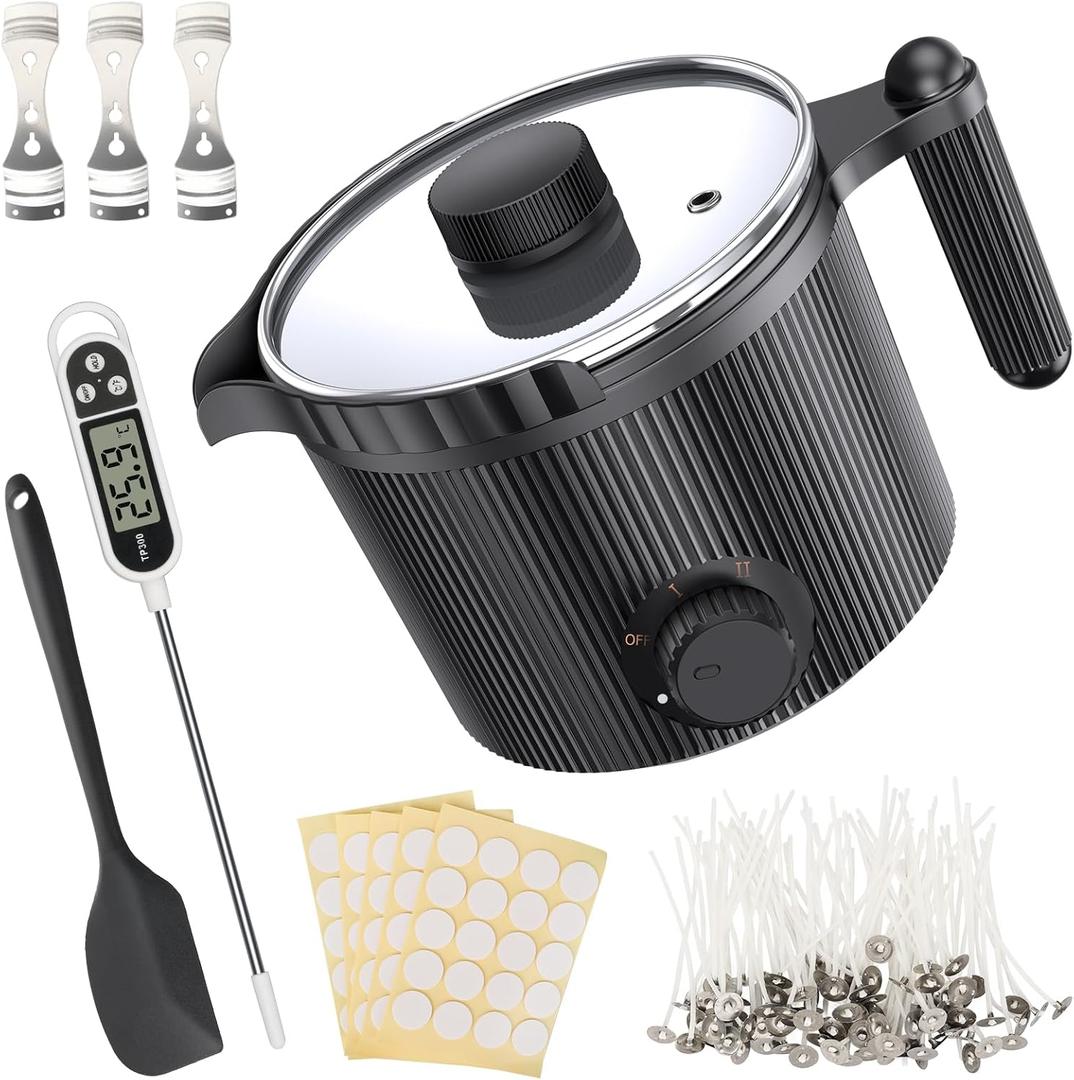 Candle Wax Melter with Pour Spout, Candle Making Kit for Adult Beginners, for Candle Making, Set Includes Wax Melting Pot, Stirring Spoon, Thermometer, Wick, Wick sticker and Centering Device - Black