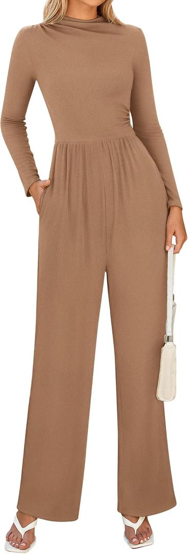 BTFBM Jumpsuits For Women Dressy Long Sleeve Wide Pants Rompers Mock Neck Ruched 2025 Casual Spring One Piece Jumpsuit (Large, Solid Khaki)