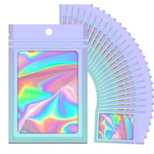 100 Holographic Gradient Mylar Bags with Clear Window, Resealable Zip Pouch, Packaging Party Sample Bags (Purple&Light Blue, 3.5x4.7 Inch)