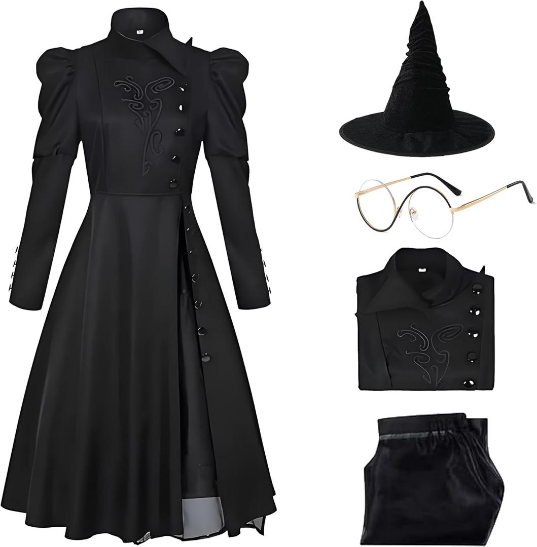 Eelphabba Costume, Wicked Costume Women Set with Hat & Glasses, Black Dress for Halloween Cosplay Themed Party, Adult Medium