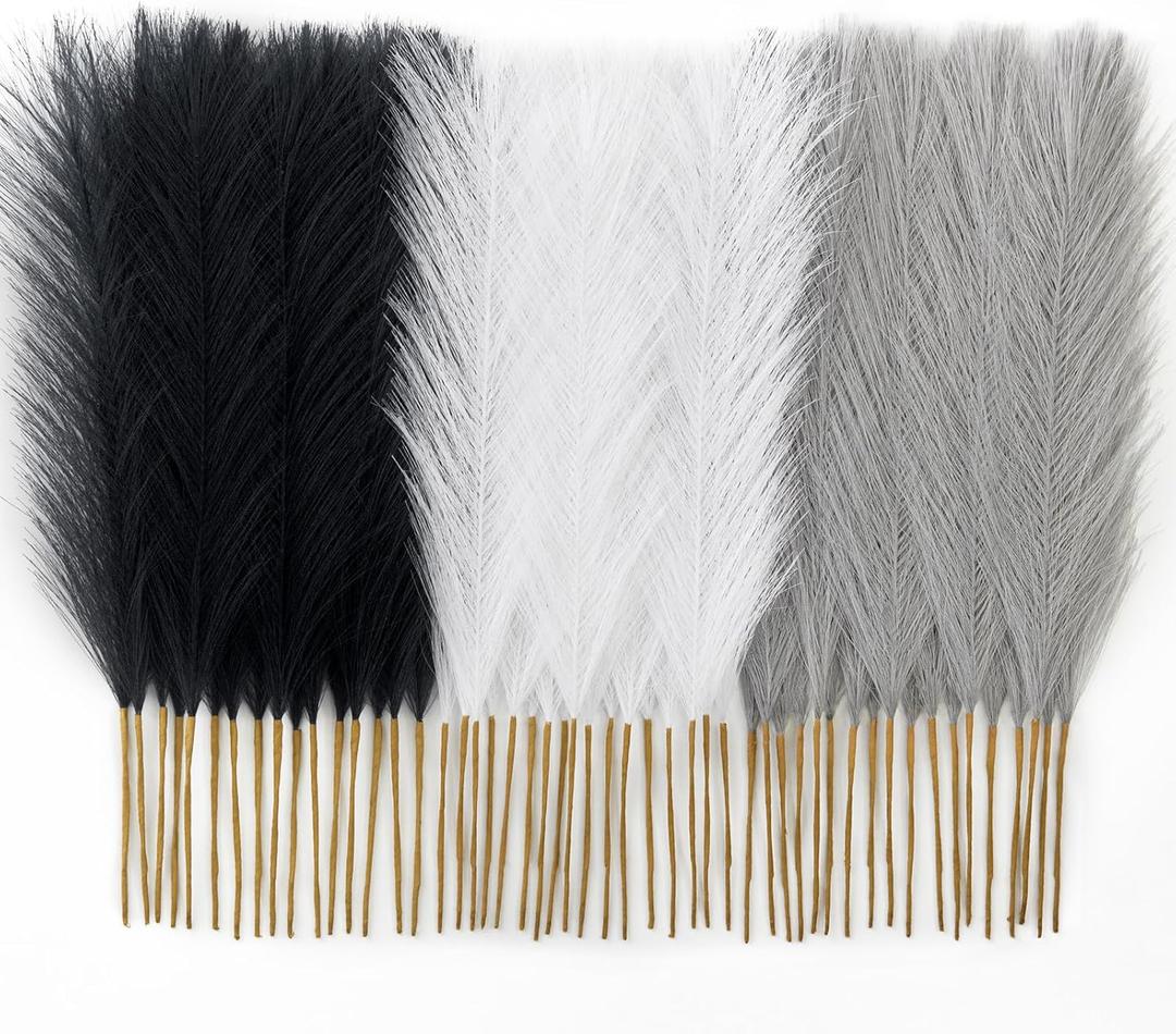 50pcs Pampas Grass 17in, Black and White Pampas Grass Artificial Fluffy Vase Filler Flower Arrangement for Home Party Living Room Decor(Black & Grey & White)