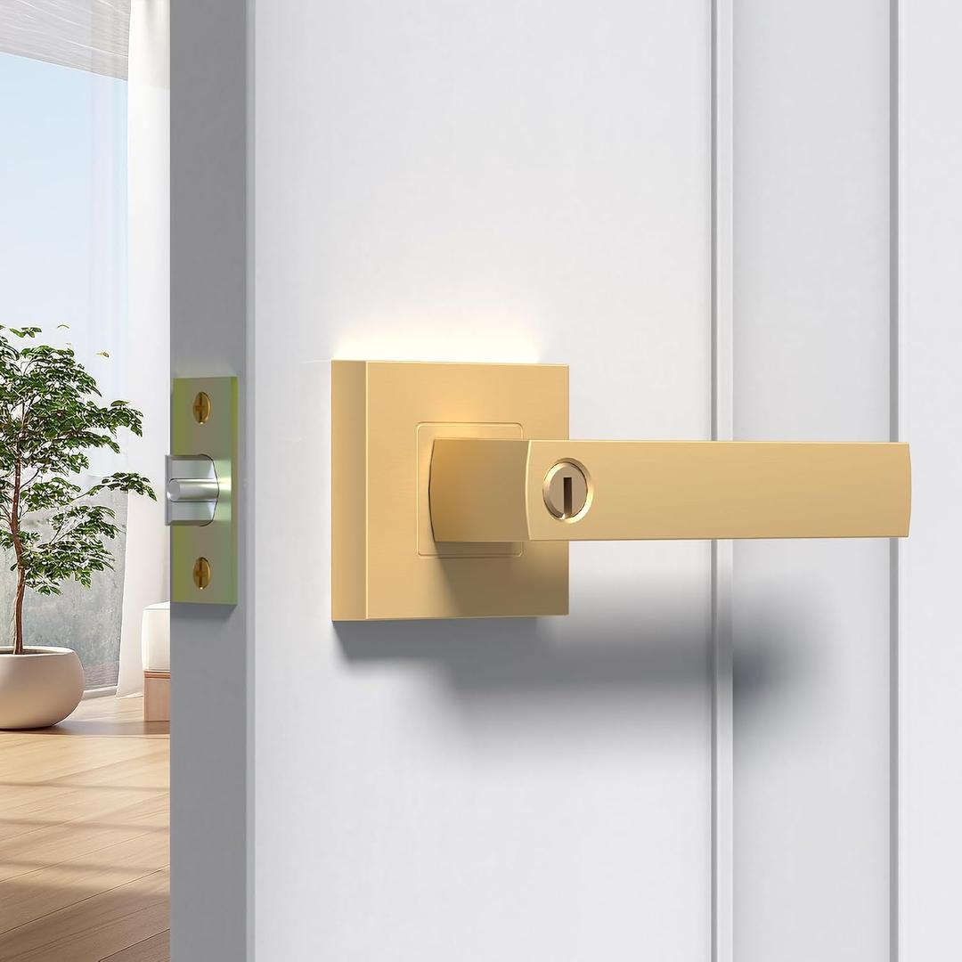 BSEED Gold Door Handles Interior Gold Privacy Door Levers fot Bedroom & Bathroom Lock Set in Modern Satin Gold Finish (1 Pack)