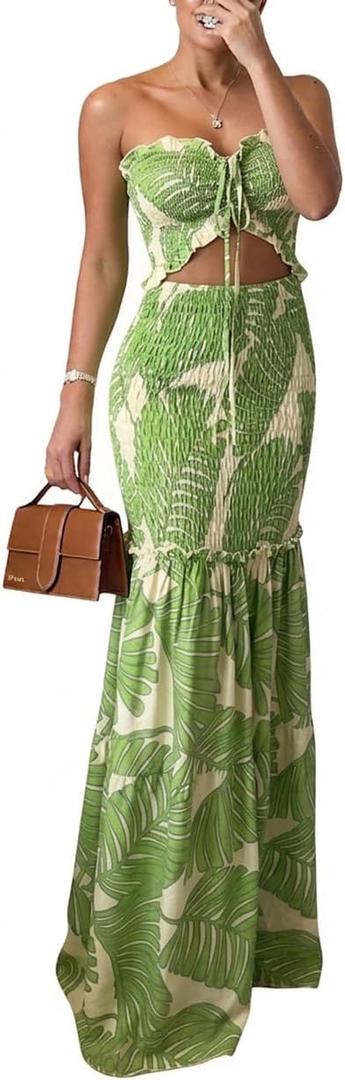 CHICME Floral Printed Prom Dress Tie Ruched Shirred Bandeau Party Dress Slim Fit Ruffle Hem Vacation Dresses (Green, S)