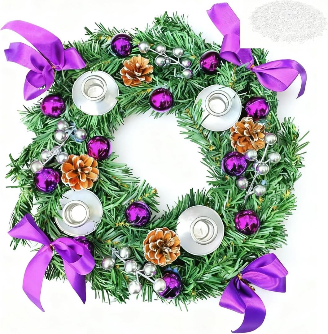 Purple Advent Wreath with Lace Doily Centerpiece, 13-Inch Christmas Table Wreath with 4 Silver Candle Holders - Candles Not Included