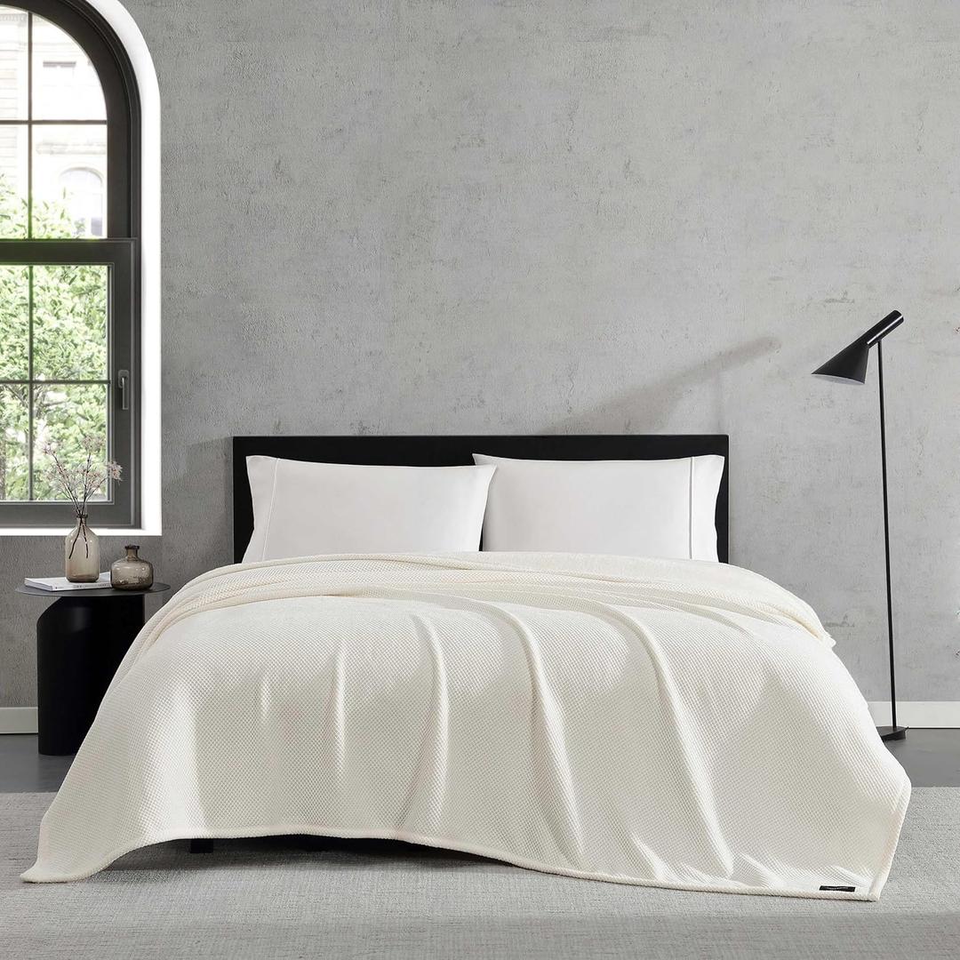 Vera Wang - King Size Blanket, Soft Textured Bedding with Cozy Chenille Finish & Refined Jacquard Weave, Throw Blanket for Bed or Couch with Whip-Stitch Hem (Beige)