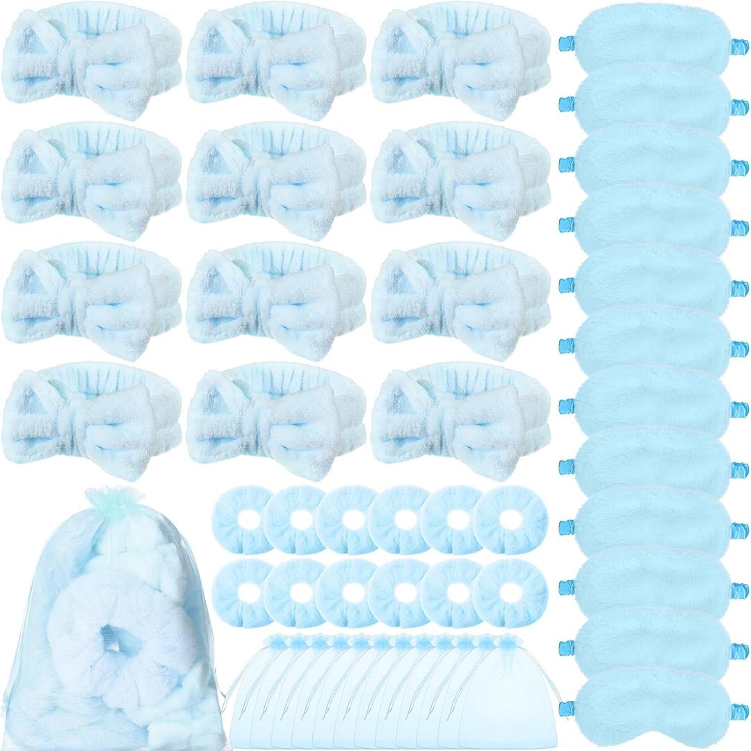Mimorou 48 Pieces Spa Party Supplies Gift for Mother's Day 12 Spa Headband 12 Plush Sleep Eye Mask 12 Velvet Scrunchies 12 Organza Bags for Sleepover Slumber Party Graduation Gift(Blue)