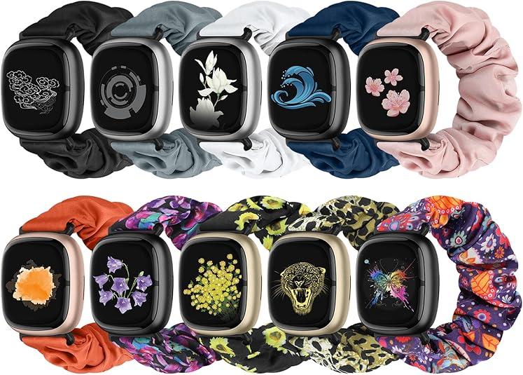 10 PCS Compatible with Fitbit Versa 4/Sense 2/Versa 3/Sense Scrunchie Band, Soft Cute Pattern Printed Fabric Elastic Solo Loop Cloth Scrunchy Replacement Wristband for Women
