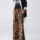 Women's Casual Pants Drawstring Leopard Print Color Block Side Striped Straight Leg Wide Leg Loose Pants (2-Yellow Black, 2XL) 