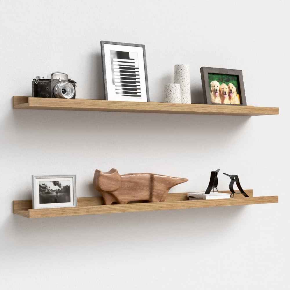 Boswillon 35.3 Inches Long Floating Shelves, 2 Set Rustic Wall Shelf for Bedroom, Nursery Book Shelf with Lip, Picture Ledge Shelf for Wall Decor Living Room Bathroom Kitchen - Oak