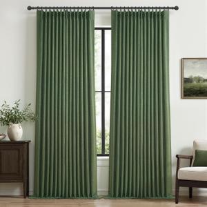 Loden Green Thick Linen Tall Bedroom Curtains 102 Inches Long 2 Panels, Memory Shape Pinch Pleated Blackout Double Layer Pivacy Soundproof Thermal Neutral Windows Curtain Room Divider 40 x 102 Inch