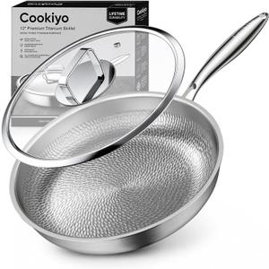 12" Titanium Pans for Cooking with Lid Hammered Tagines Skillet