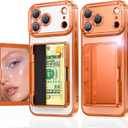 Meifigno for iPhone 17 Pro Wallet Case (Holds 3-4 Cards & Cash), Built-in Mirror & Kickstand, [Surround Raised Lens Protection] for iPhone 17 Pro Case with Card Holder for Women (6.3 inch), Orange