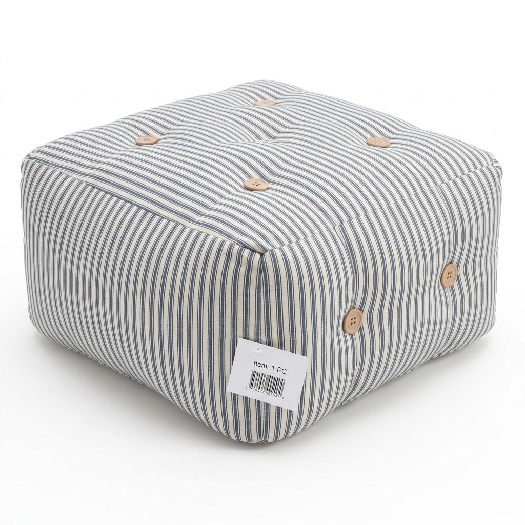 Farmhouse Ticking Stripe Seat Cushion / Floor Pillow with Decorative Wooden Buttons – Vintage Style Tufted Chair Pad for Dining, Patio, Living Room & Home Decor, 18" L x 18" W x 14" H