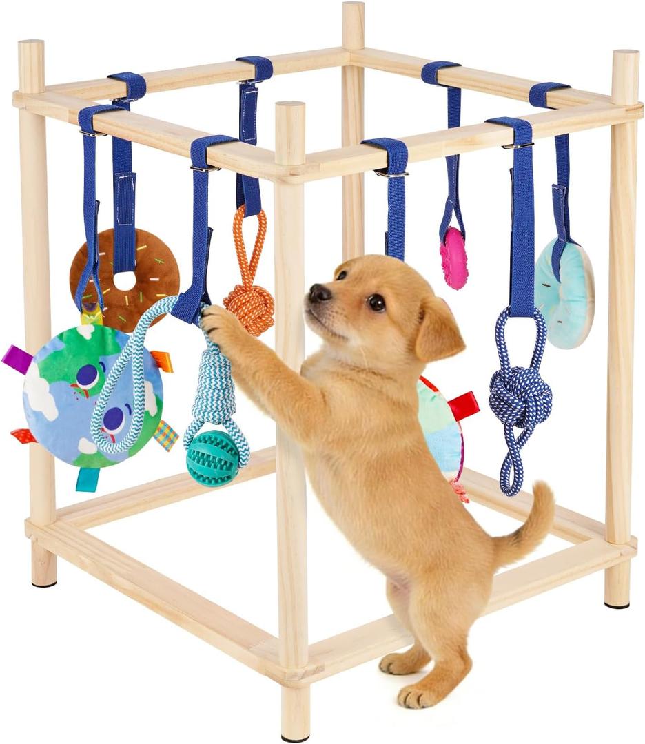 Retyion Wooden Puppy Play Gym for Small Dogs, Puppy Jungle Gym with 8 Hanging Toys, Wood Frame Indoor Puppy Gym with Dog Enrichment Toys for Puppies and Small Pets