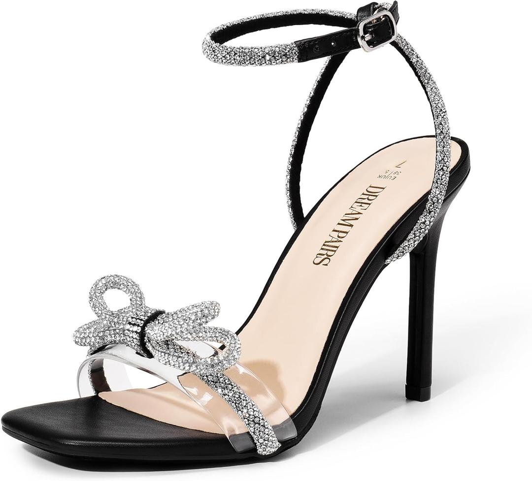 DREAM PAIRS Women's Double Bowknots Crystal Sandals Clear Slingback Heels Square Toe Shoes for Party Wedding (7.5, Black)