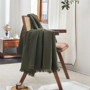 FOSSA Muslin Blanket with Fringe - 4-Layer 100% Cotton Gauze Super Soft & Breathable Throw -Lightweight Decorative Cooling Blanket for Bed, Sofa, Office (Olive Green, Throw (60" 50"))