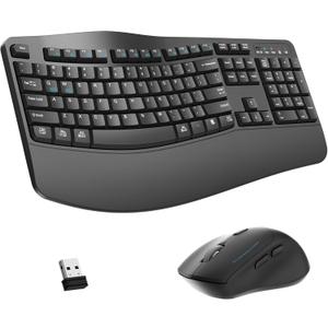 Wireless Keyboard and Mouse Combo, 2.4G Full Size Wave Keys Ergonomic Keyboard with Wrist Rest for Natural Typing, 3 DPI Adjustable Ergonomic Silent Mouse for Computer/ Laptop/ Windows/ Mac (Gray)