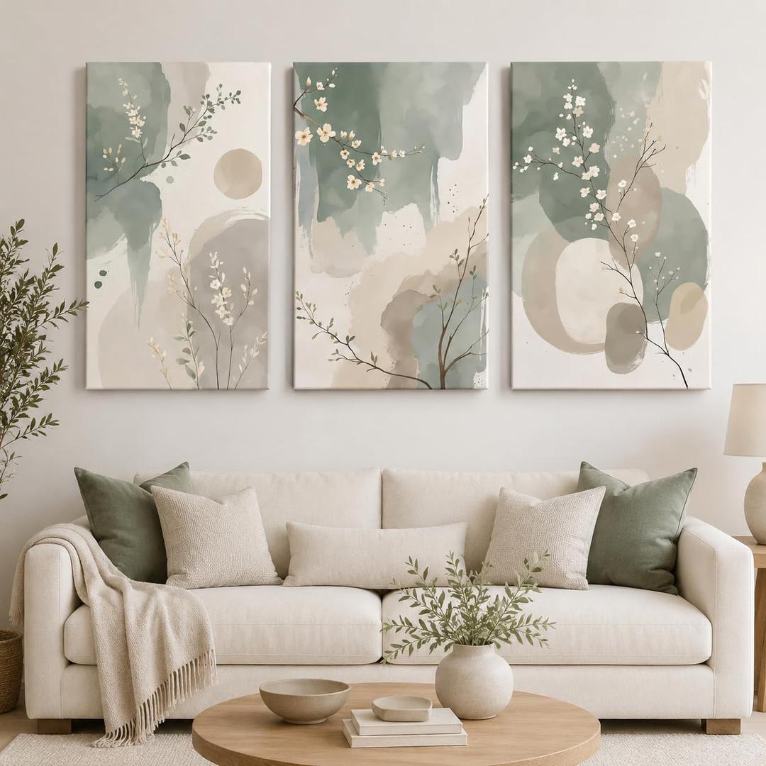 3Pcs Abstract Sage Green Floral Canvas Wall Art,Watercolor Plant Picture