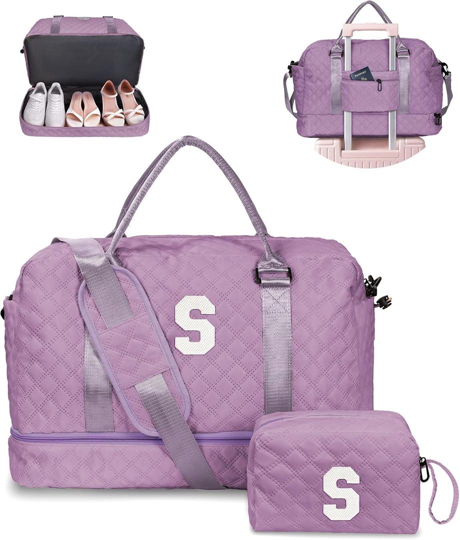 Personalized Initial Duffle Bag - Overnight Weekender with Shoe Compartment & Monogram Travel Bag - Friend Gift (Letter S) (Purple)