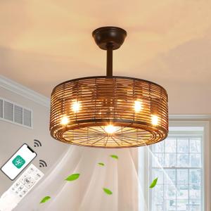 21" Boho Rattan Ceiling Fans with Lights,Flush Mount Caged Ceiling Fan with Remote Indoor,6 Speed, Timing, APP Remote Control,Includes 5 LED Bulbs for Bedroom,Kitchen,Living Room,Farmhouse