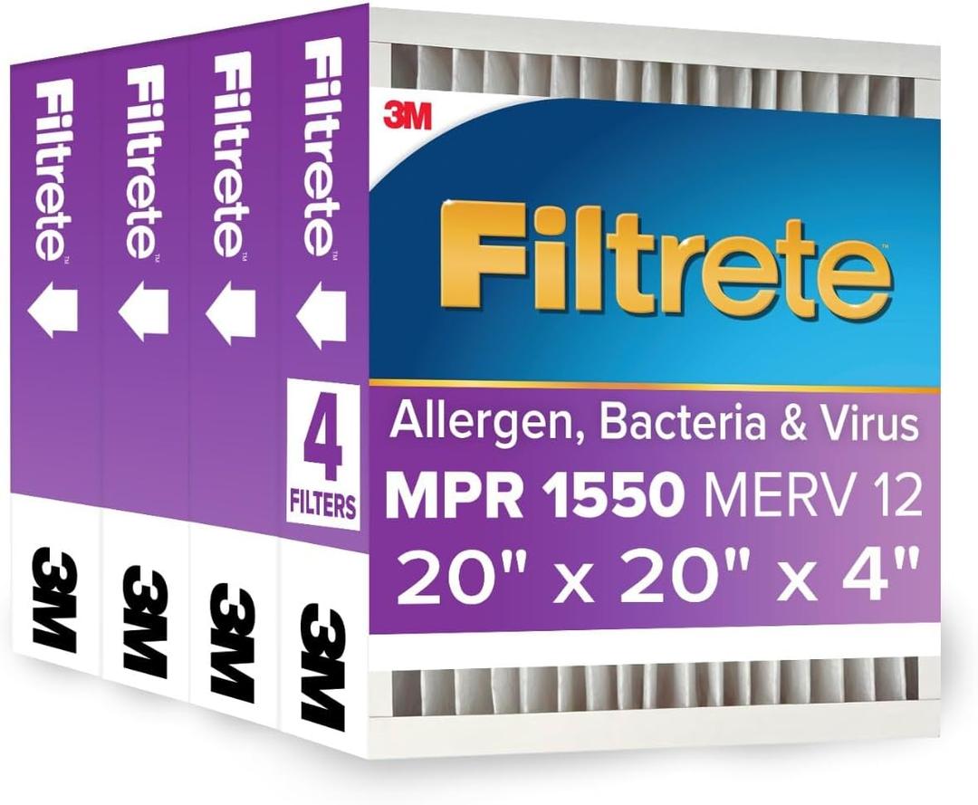 Filtrete 20x20x4 AC Furnace Air Filter, MPR 1550, MERV 12, Fits Honeywell, CERTIFIED Asthma & Allergy Friendly, Electrostatic Air Cleaning Filter, 4-Pack (actual size 19.88 x 19.88 x 4.31)
