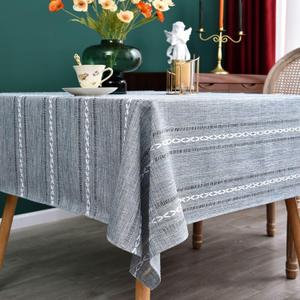 NEWISHER Rustic Farmhouse Embroidered Square Tablecloth Jacquard Striped Table Cloth Linen Texture Washable Dining Table Cover Kitchen Dining Home Decoration Blue and Grey 52x52 inch