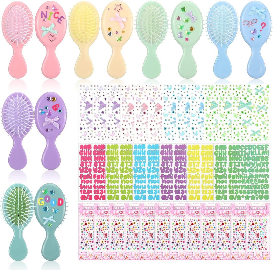 12 Packs DIY Princess Hairbrush Kits Princess Party Bow Diamond Alphabet Sticker Make Your Own Hair Brush with Gem Painting for Birthday Party Art Activities DIY Crafts