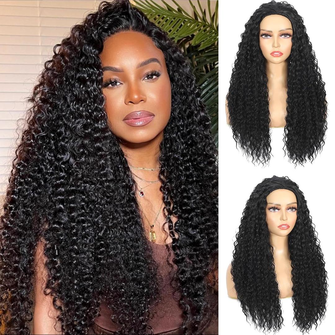 Synthetic Half Wig, Long Water Wave 3 In 1 Black Half Wigs For Black Women, Seamless Flip Over Glueless Beginner Friendly Deep Wavy Curly Wigs Drawstring Headband Wig for Daily Use