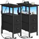 SONGMICS Side Table with LED Light, Narrow End Table with 2 Fabric Drawers, 2 Pack