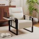 Upholstered Living Room Chair Armchair, Mid Century Faux Leather Metal Accent Chair, Reception Couch Office Guest Chair Slipper Club Lounge Single Sofa with Sidetable for Bedroom-Beige