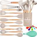 Silicone Cooking Utensils Set, 446°F Heat Resistant Kitchen Utensils Set,Spatula Set for Cooking Wooden Handle Silicone Gadgets Kitchen Tools for Nonstick Cookware