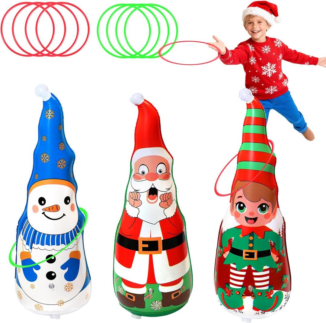 Christmas Games Gifts for Kids & Family, Christmas Inflatable Ring Toss Game Set, Roly-Poly Santa, Snowman & Elf Toys, Office Party Favors Supplies Stocking Stuffers, Xmas Indoor Outdoor Carnival