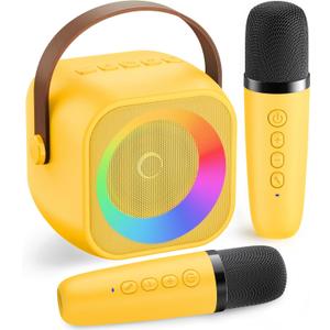 Mini Karaoke Machine for Kids Adults：Portable Bluetooth Karaoke Speaker with 2 Wireless Microphones and Lights for Home Party, Christmas Birthday Gifts for 412+ Years Old Girls Boys(Yellow)