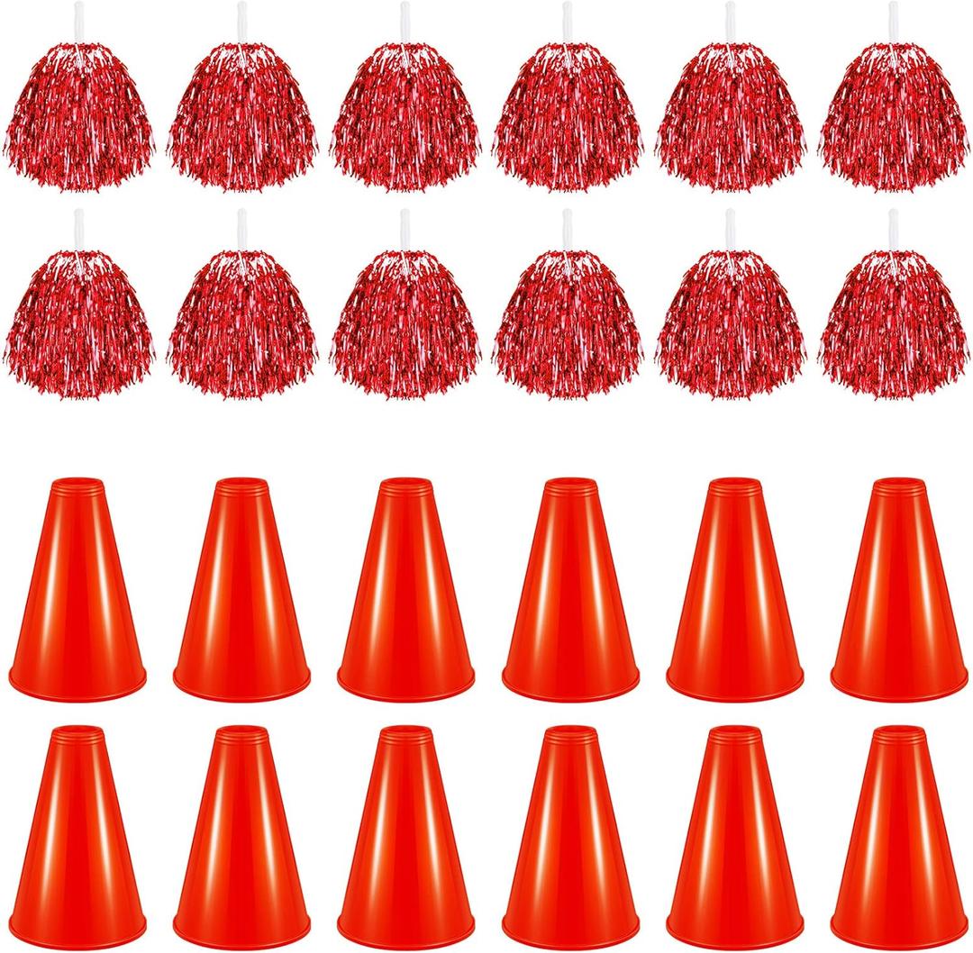 Sosation 24 Pcs School Spirit Bulk Team Spirit Accessories Cheer Megaphone and Pom Poms for Noise Makers for Sporting Events Football Baseball Cheering Essentials Supplies (Red)