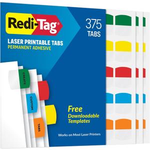 Redi-Tag Laser Printable Tabs, Permanent Index Tabs, Customizable Adhesive Labels, Assorted Primary Colors, 1.125" x 1.25", 375 Per Pack (1006556)