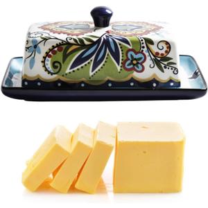 Ceramic Butter Dish with Lid Bohemia Hand Drawn Butter Plate Tray with Cover for Cheese Vintage Cheese Container Holder European-Style Butter Keeper for Home Kitchen 7.9 x 4.5 x 3.1 Inches (1)