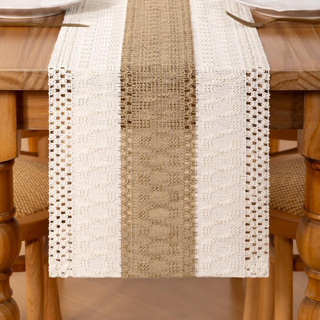 DeZerlor Boho Macrame Table Runner Easter Farmhouse Woven Small Table Runner 48 Inches Cotton Linen Kitchen Table Decor for Spring Dining Dresser Home Everday Use