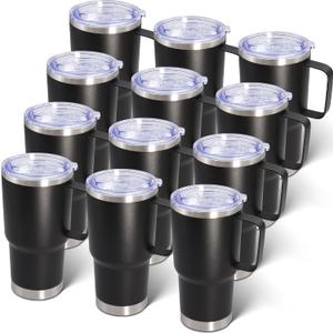 20 oz Tumbler with Handle and Lid, Stainless Steel Tumbler Insulated Travel Coffee Mug, Spill Proof Double Wall Vacuum Tumbler Cup Keep Drink Hot & Cold, Black, 12 Pack