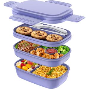 Stackable Bento Box for Adult Kids, Large Capacity 1900ml, Leak-Proof Lunchbox Containers with Utensil Set for Dining Out, Work, Picnic, School (Macaron)